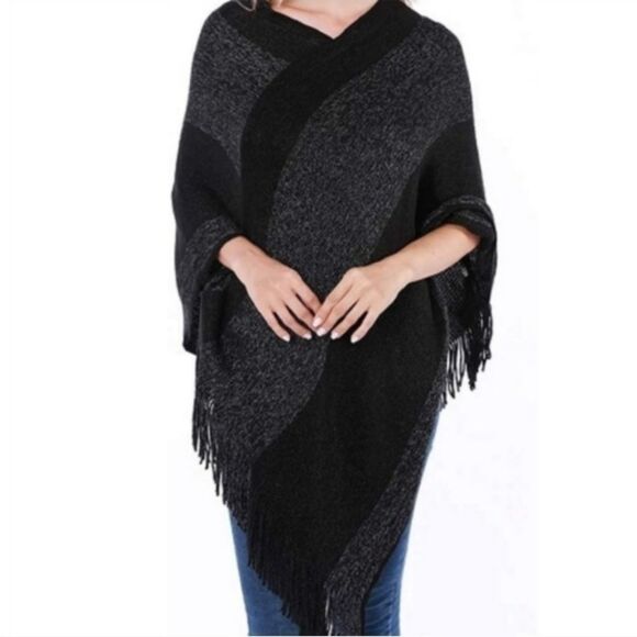 Knitted Shawl with Fringed V-Neck Striped Sweater Pullover Faux Cashmere - Picture 6 of 6